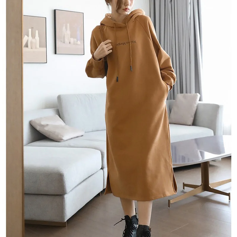 Hoodies Dresses Autumn Winter Oversized Loose Fleece Casual Korean Drawstring Solid Color Long Dress Female New Vintage Dress