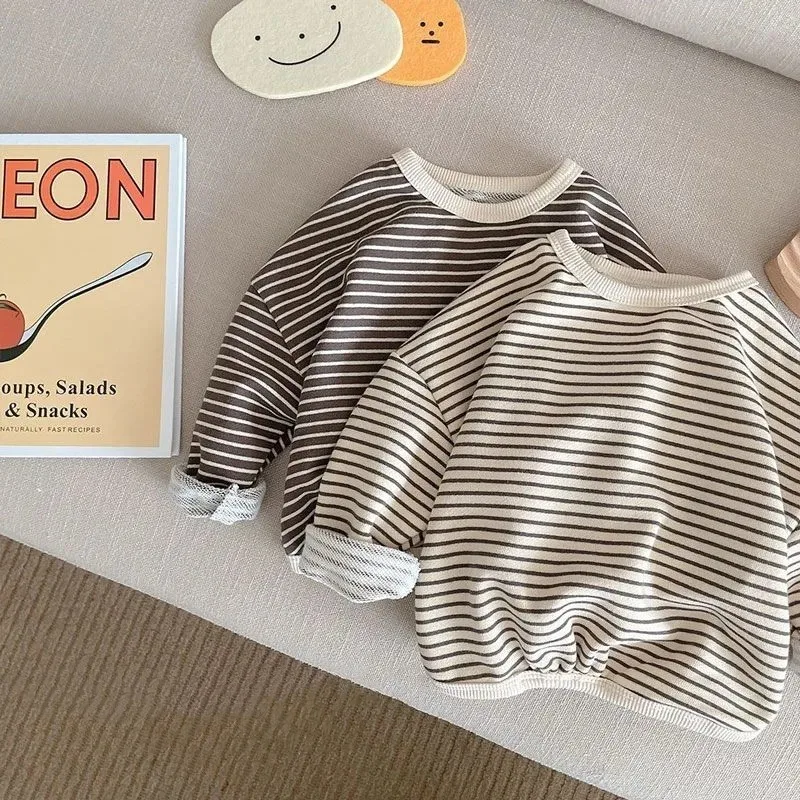 

2024 Spring New Children Long Sleeve Striped T Shirts Baby Boy Girl Casual Sweatshirt Toddler Loose Bottoming Tops Kids Clothes