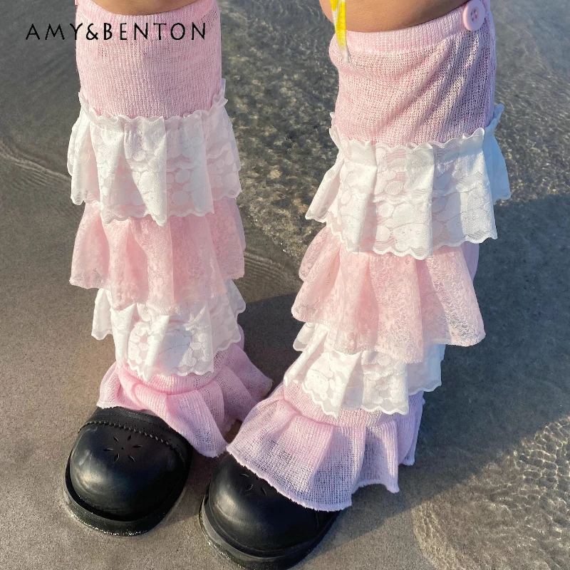 Japanese Cute Two-tone Lace Splicing Cake Hosiery Autumn New Design Sweet Versatile Age-reducing Slimming Leg Warmers Ladies
