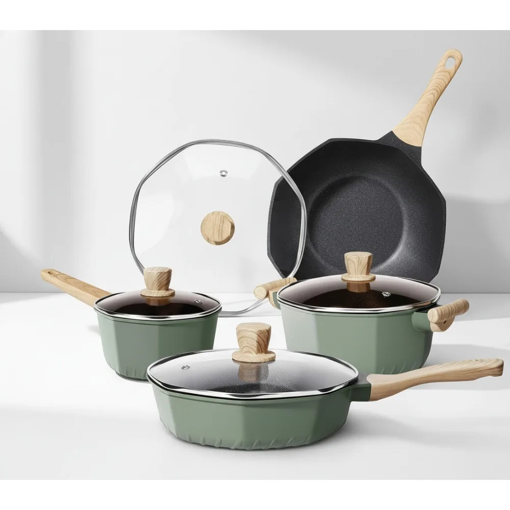 

8-Piece Non-Stick Cookware Set, Induction Compatible Pots & Pans with Glass Lids, Safe PFOS/PFOA Free Kitchen Essentials