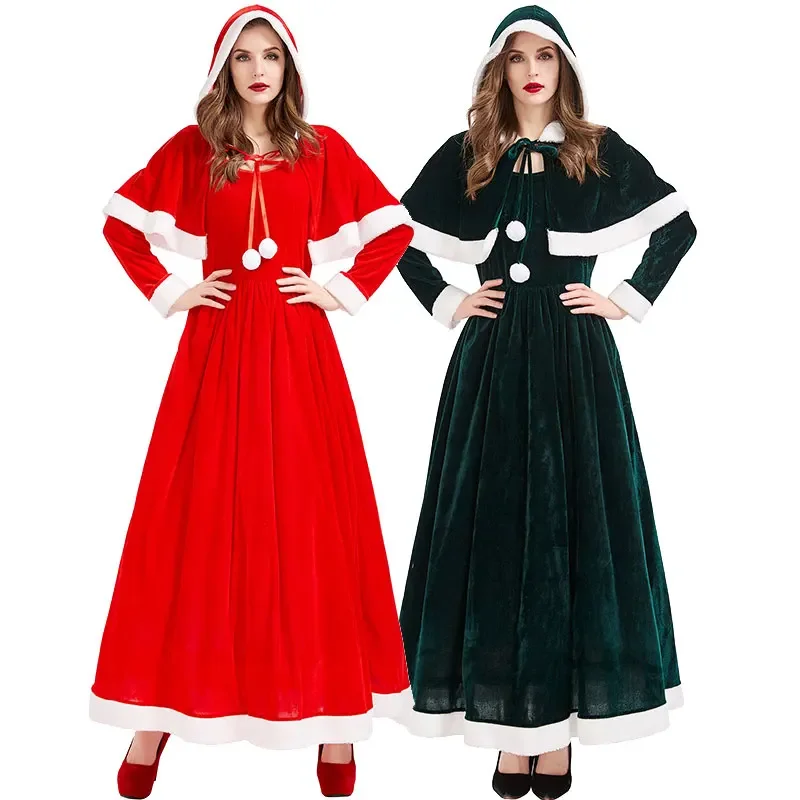 Novo natal deluxe festa vestido vermelho noel palco mostrar desempenho traje natal sra capa + vestido longo tempo de natal cosplay vestido