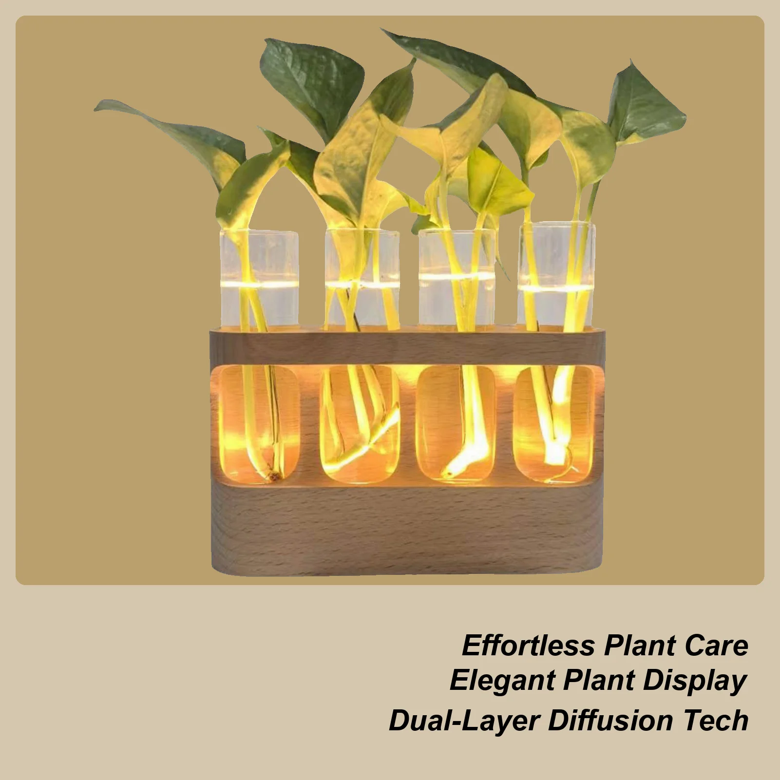 LED Plant Propagation Station Hydroponic Glass Test Tube Terrarium with Wood Stand for Water Rooting Cuttings Home Office Decor