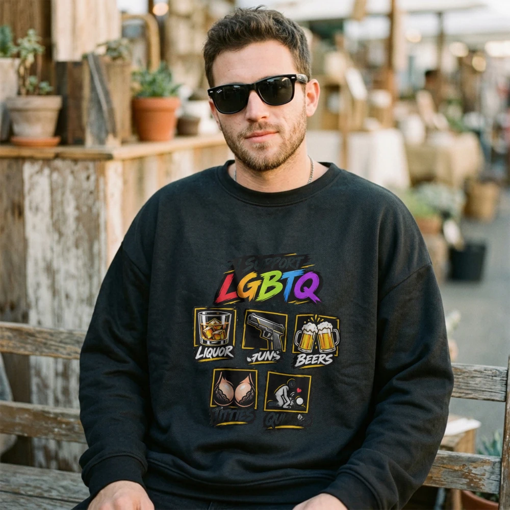 Funny LGBTQ Graphic Sweatshirt Men I Support Beer Guns Titties Print Hoodie Harajuku Streetwear Male Pullover Casual Streetwear