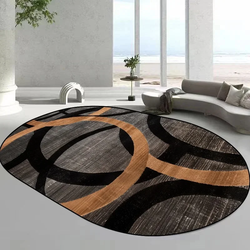 VIKAMA Irregular Oval Abstract Curve Rug, Black Brown Line Soft Anti-slip Carpet for Living Room Sofa Bedroom Home Decor