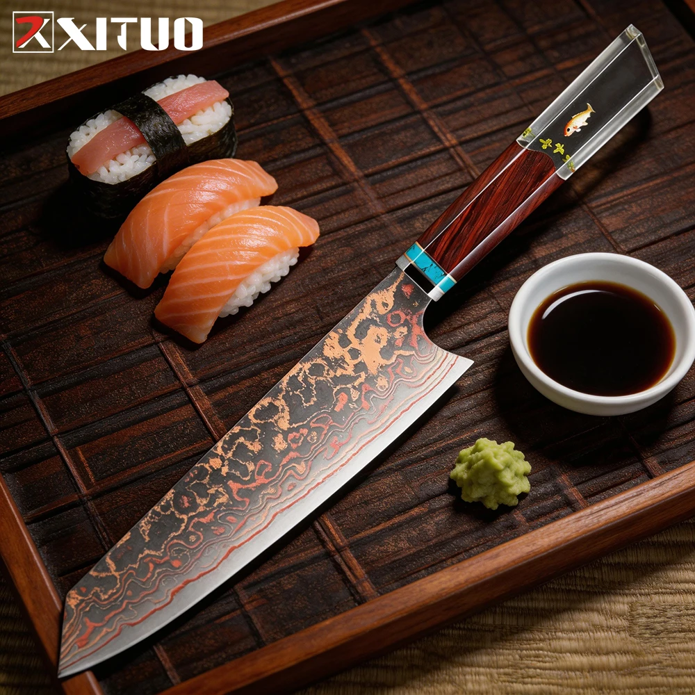 XITUO Kiritssuke Chef Knife 8 Inch, Tricolor Copper Damascus Steel Razor Sharp Japanese Damascus Kitchen Knife for Chef & Home