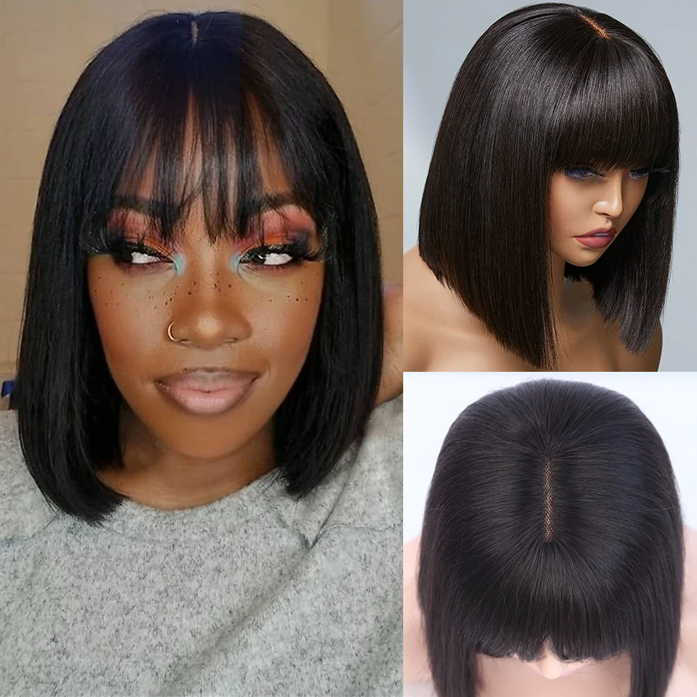 

Short Straight Human Hair Natural Scalp Lace Part Bob Wigs Brazilian Wigs With Bangs Hand Made Lace Top Wigs On Sale Clearance