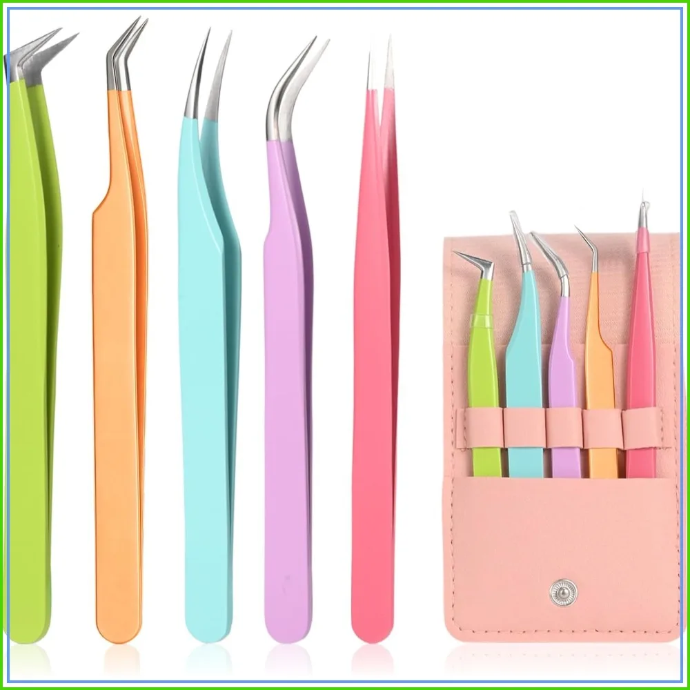 

5pcs Eyelash Extension Tweezers High Precision Straight and Curved Volume Lash Tweezers for Extensions Crafting Beginners