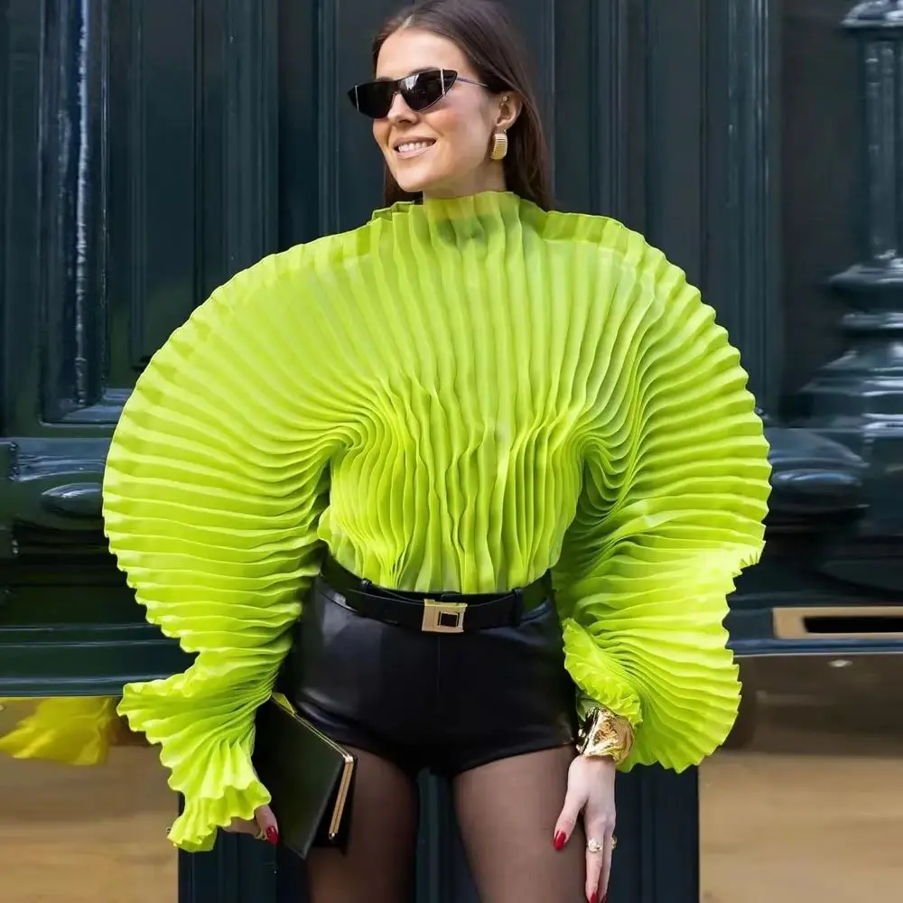 

New Couture Neon Green Folded Women Top Blazer Fashion See Thru Puff Sleeves Girls Top
