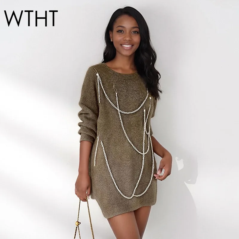 

WTHT Trendy Women Spliced Metal Chain Design Casual Sweater 2025 Autumn Fashion New O-neck Long Sleeves Pullovers Female 1LS2560