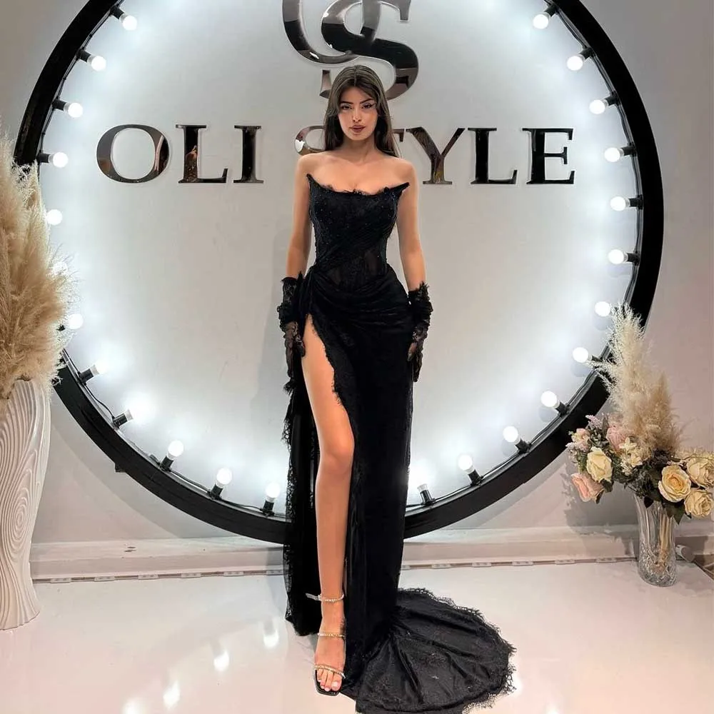 Fashion Black Lace Prom Dresses with Gloves Sexy High Slit Sweep Train Formal Party Dress vestidos de fiesta elegantes 2024