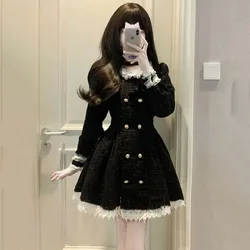 2023 Autumn Vintage Tweed Dress Party Women Casual Elegant Gothic Mini Dresses Lolita Kawaii Clothing One Piece Dress Korean Y2k