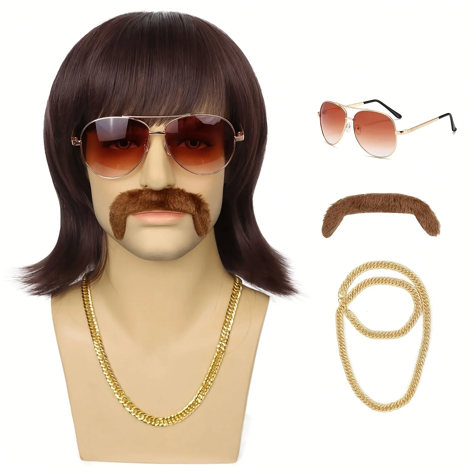 70s 80s Disco Wig With Mustache Glasses And Chain Short Brown Mens Mullet Wig For 60s Rocker Singer Hippies Funny Wigs