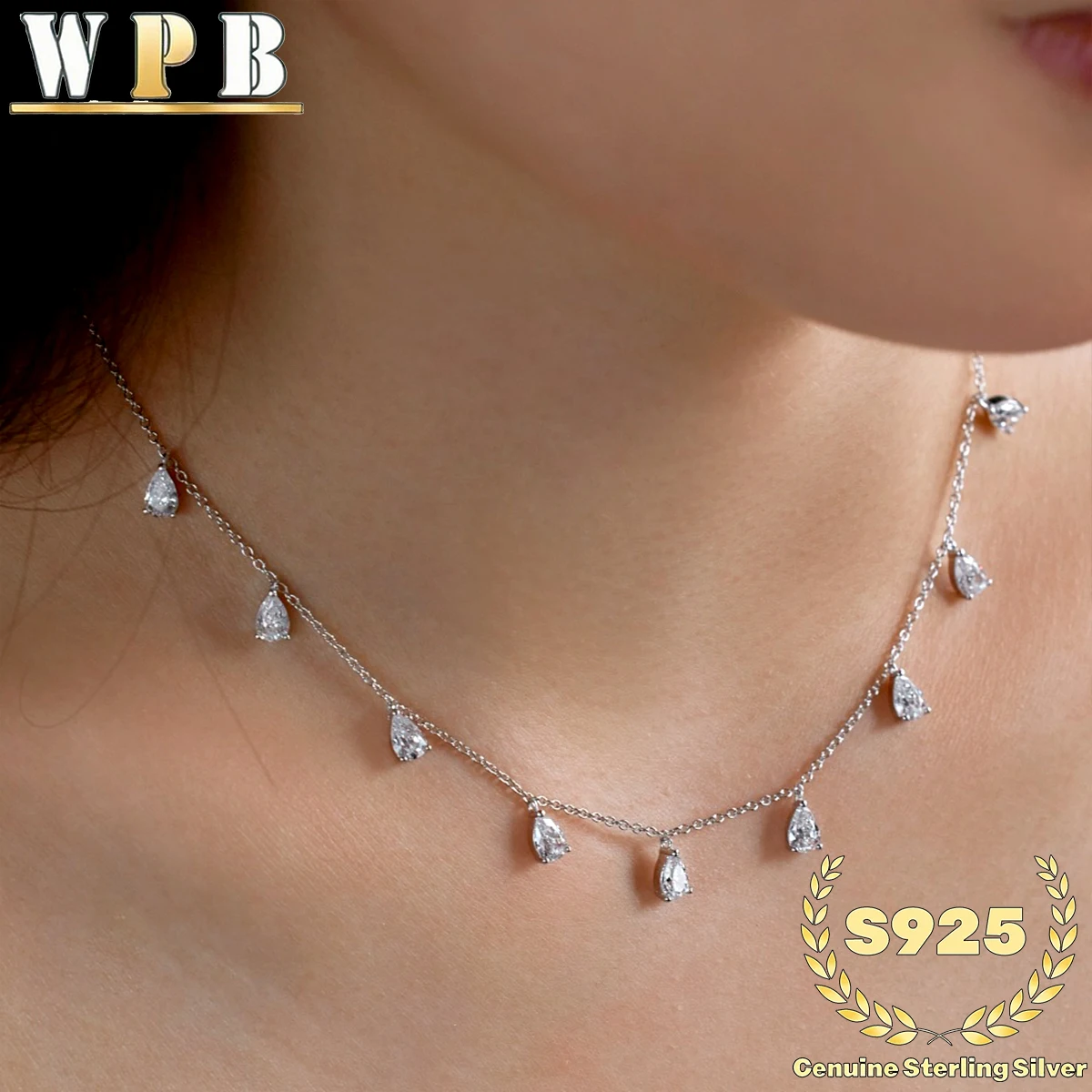 ‌Blue Zircon Teardrop Necklace 9 Stone S925 Sterling Silver Symmetrical Prong Setting Women Wedding Gift Daily Formal Jewelry