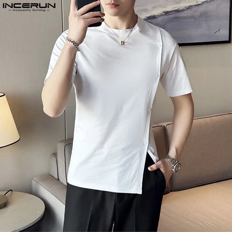 INCERUN 2024 Men T Shirt Solid Color O-neck Short Sleeve Button Men Clothing Streetwear Summer Korean Casual Male Tee Tops S-5XL