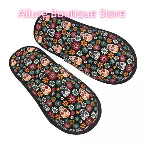 Mexican Sugar Skull House Slippers Women Comfy Memory Foam Halloween Day Of The Dead Slip On Hotel Slipper Shoes