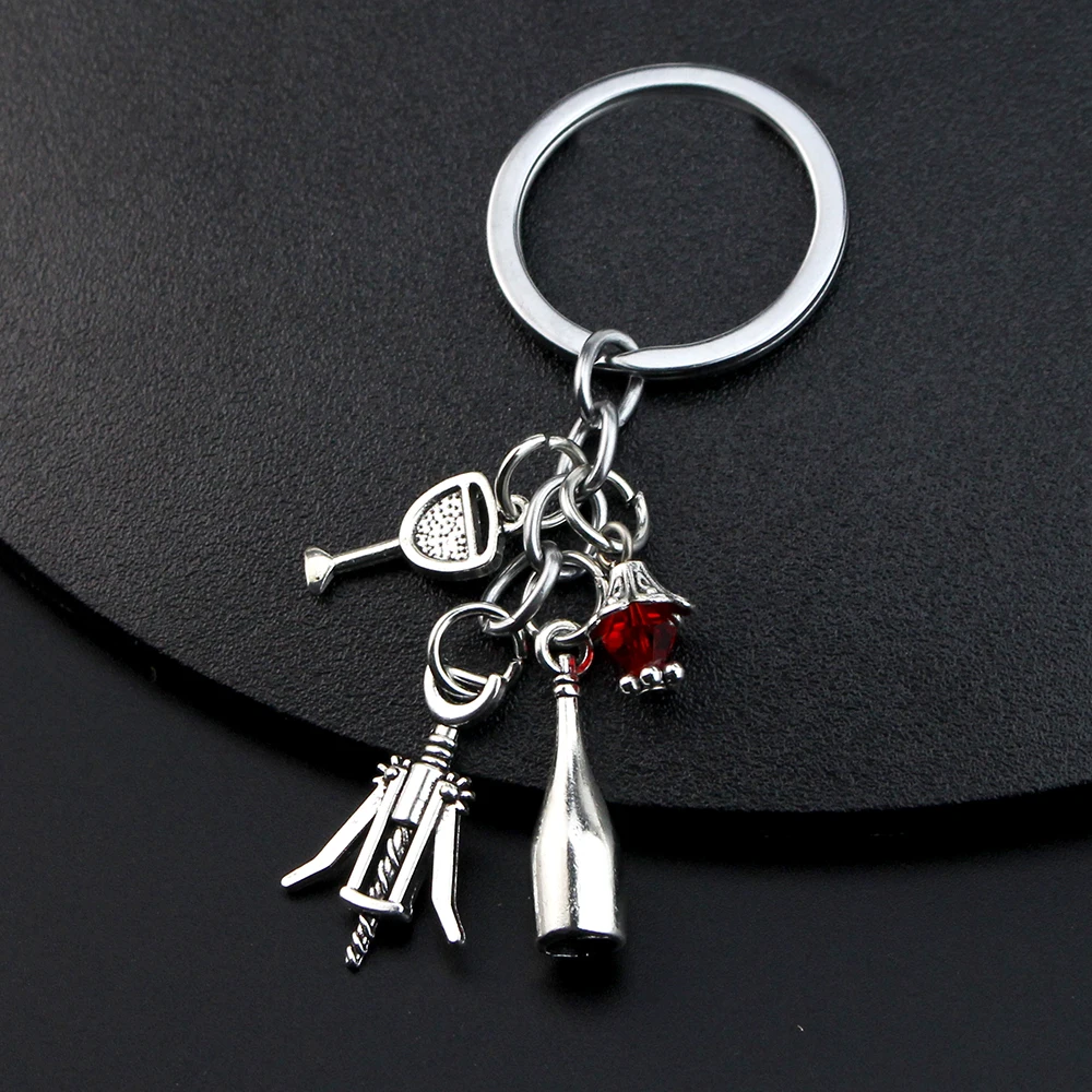 Corkscrew Keychain Wine Lover Gift Wine Glass Bottle Charms Keyring Red Gem Pendant Bar Wine Sales Souvenir for Women Men