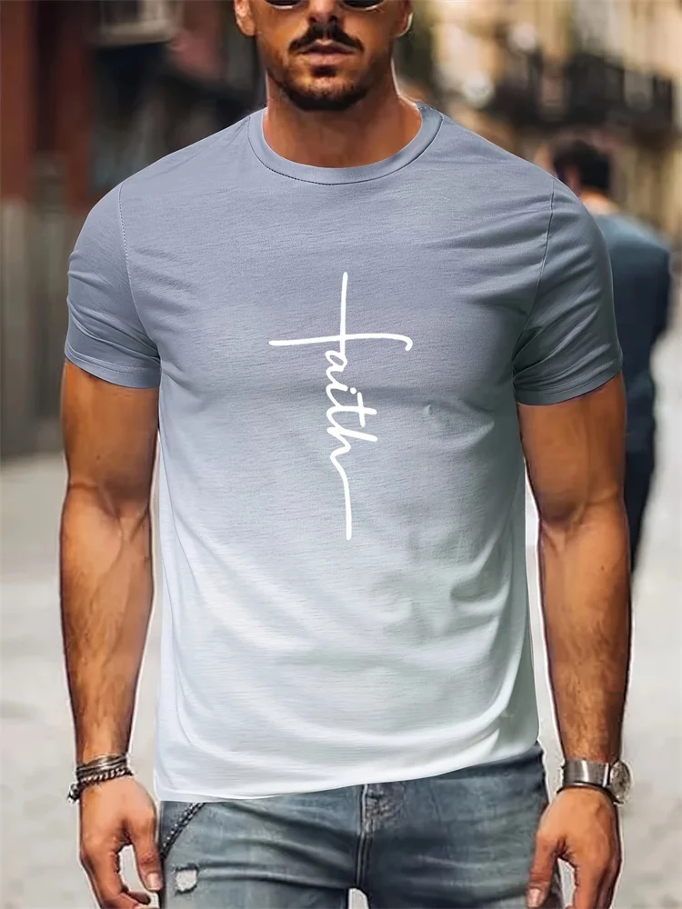 2024 New Men\'s Casual T Shirt Splicing Color Novelty Faith 3D Cross Symbol Printing Retro Summer Daily Top Outdoor Travel Party