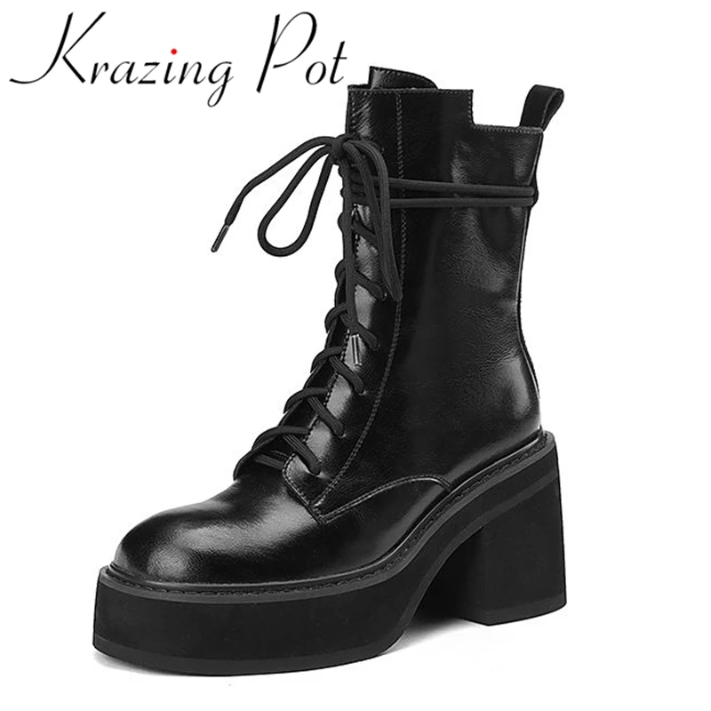 

Krazing Pot Cow Split Leather Motorcycles Boot Round Toe Med Heels Rivets Cross-tied Platform Sporty Chic Neutral Ankle Boots