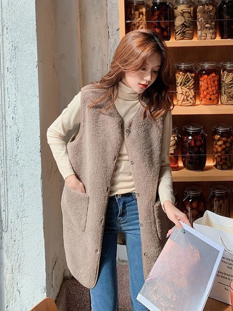 

Women's Loose Fit Medium Long Lamb Velvet Leather Fur Integrated Coat Vest Korean Style Autumn Winter Outerwear