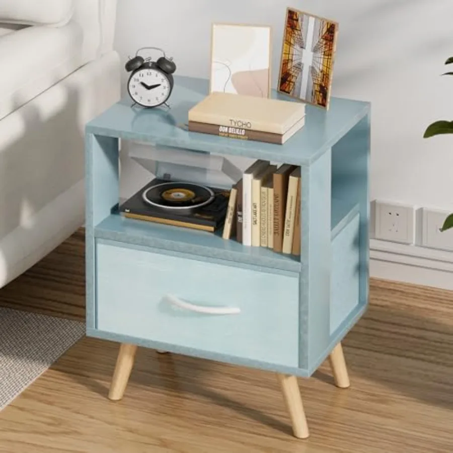 

Night Stand, Blue Nightstand with Drawer, Nursery Side Table with Open Storage, 2-Tier Modern End Table, Bedside Table for Smal