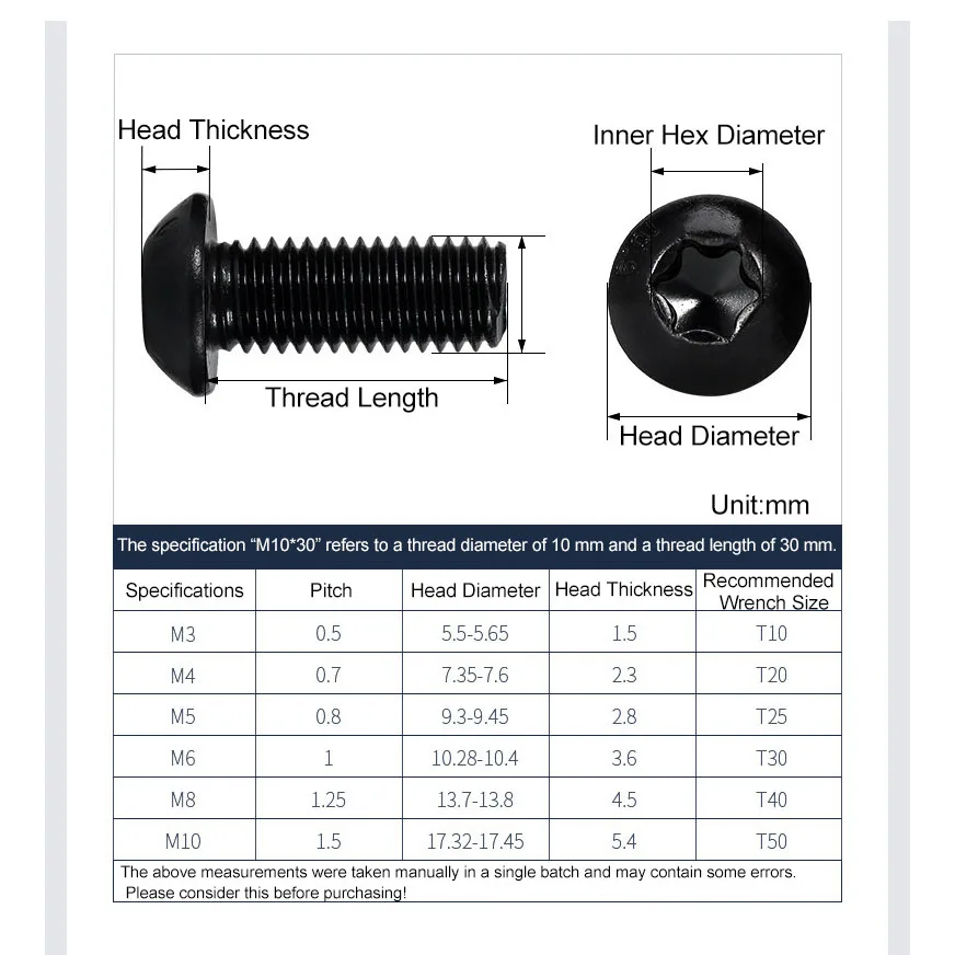 Black Grade 10.9 Alloy Steel M3 M4 M5 M6 M8 M10 Torx Button Head Tamper Proof Security Screw Six Lobe Torx Pan Round Head Bolt