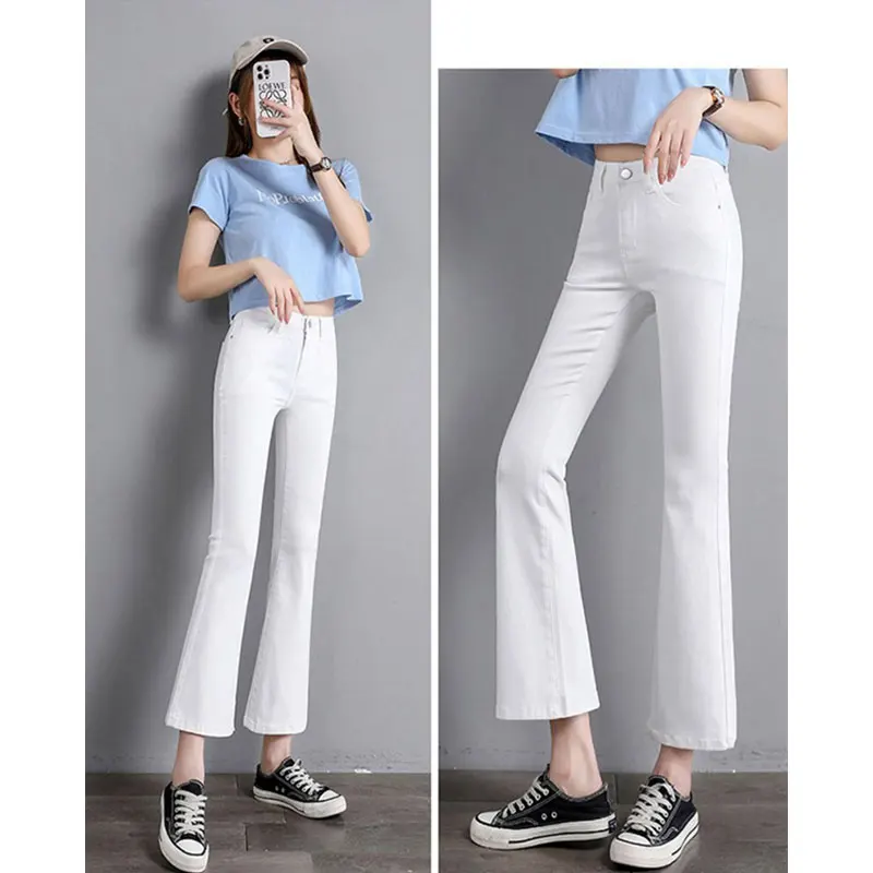 Women's Autumn and Winter Casual Simplicity Solid Color High Waist Ninth Pants Women Clothes Trend Fashion All-match Jeans Pants