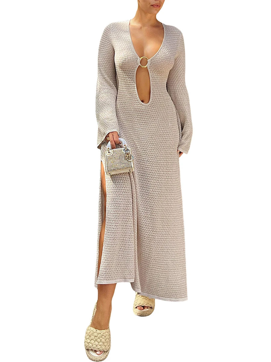 

Women Crochet Long Sleeve Dress Cutout See Through Knit Beach Bikini Cover Ups for Swim