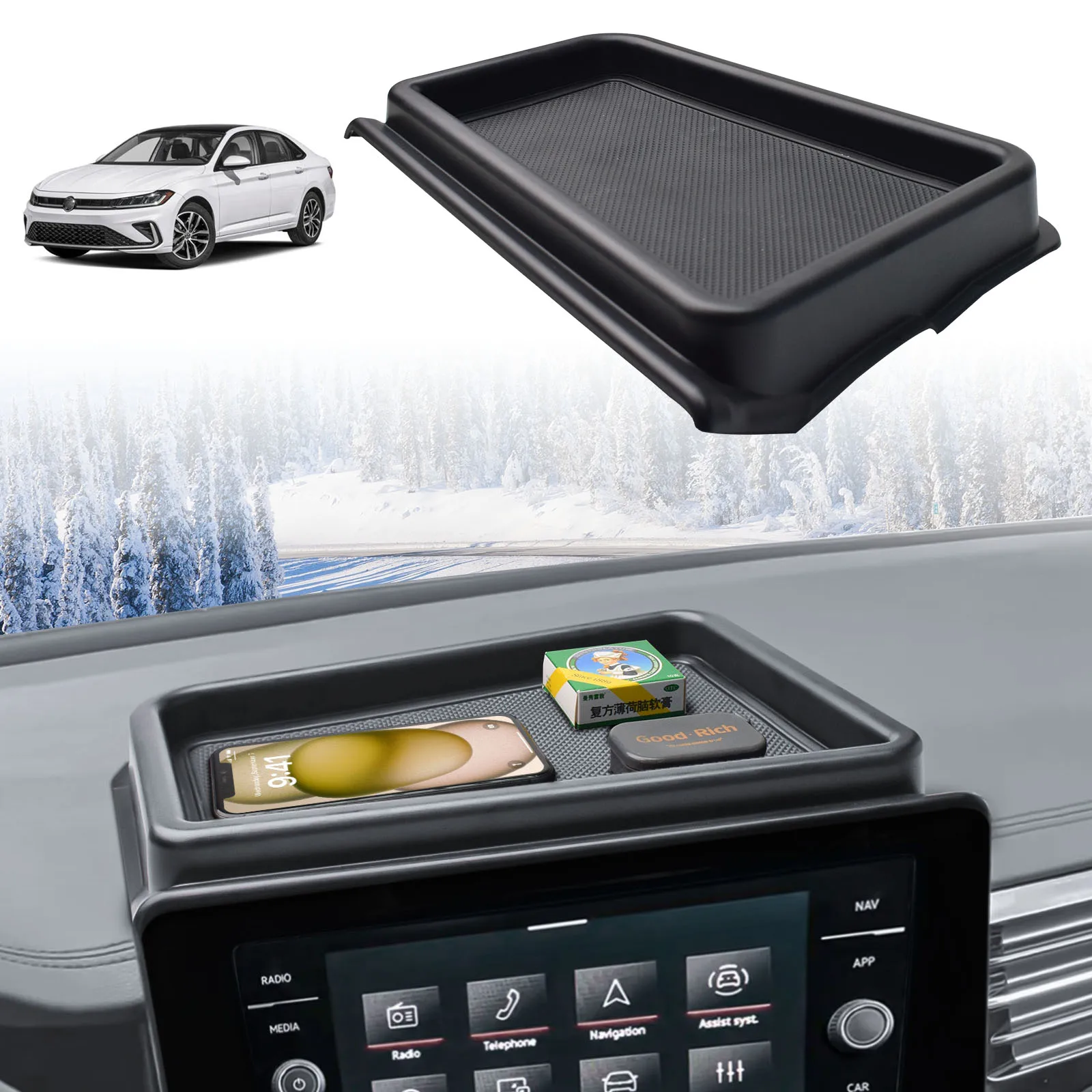 

Center Console Dashboard Box Tray for 2025-2026 Volkswagen Jetta S/SE/SEL/Sport/GLI Dash Mount Behind 8-inch Screen Accessories