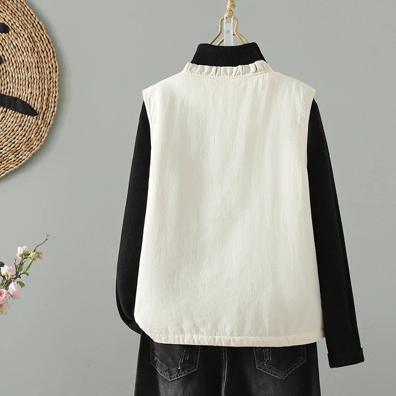 Retro Wood Grain  V-Neck Button Cotton Linen Embroidered Sleeveless Thin Cotton Vest Autumn Winter New Style Chinese Styl...