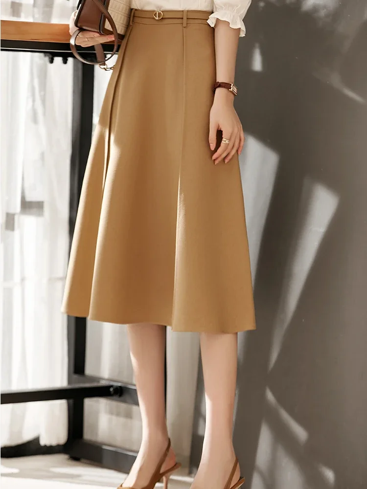 Vimly A Line Elegant Umbrella Skirt Women Autumn 2024 Delicate Elegant Light Luxury High Waist Versatile Woman Midi Skirts V3760