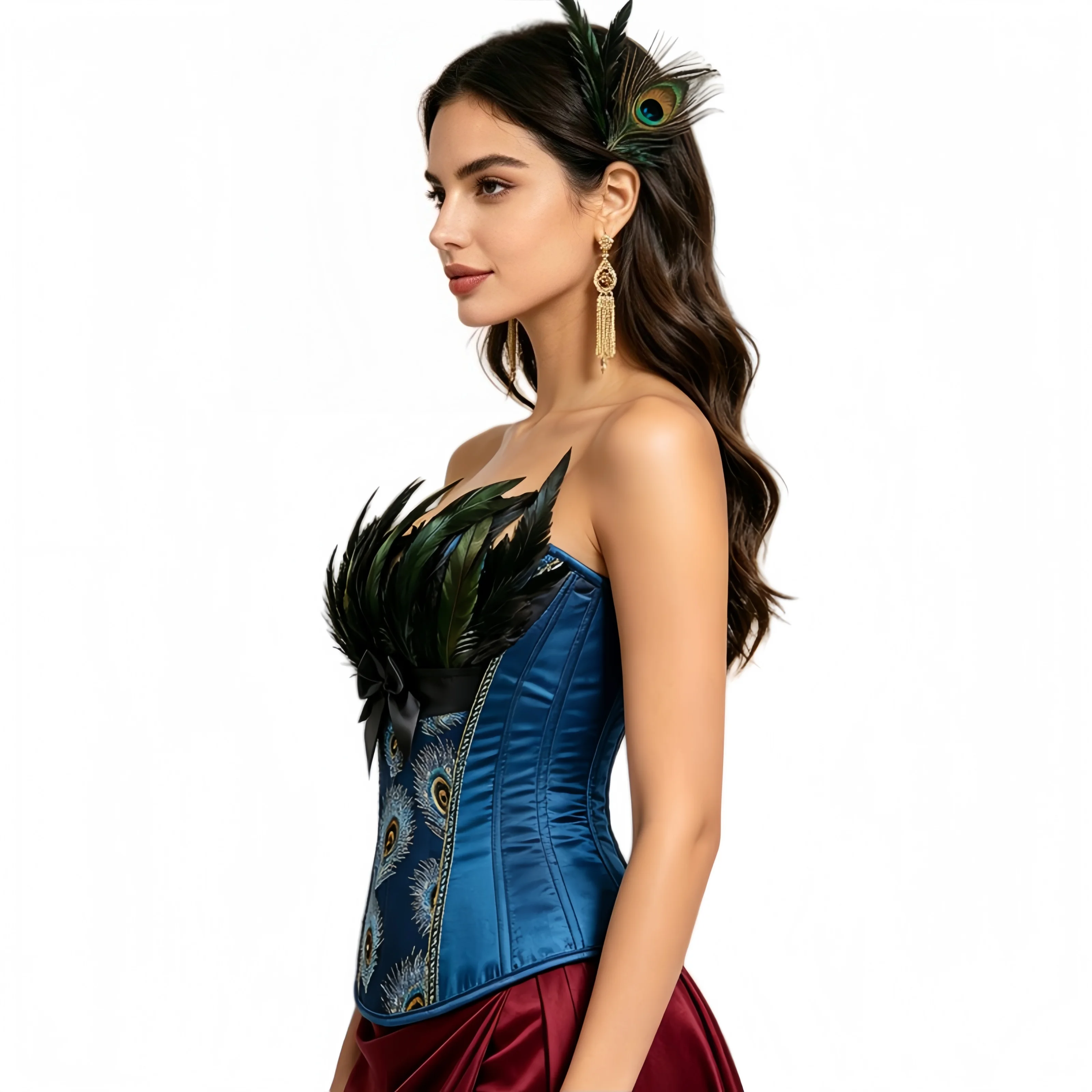 

Женский корсет-топ в винтажном стиле с павлиньими перьями для бурлеск-костюмов