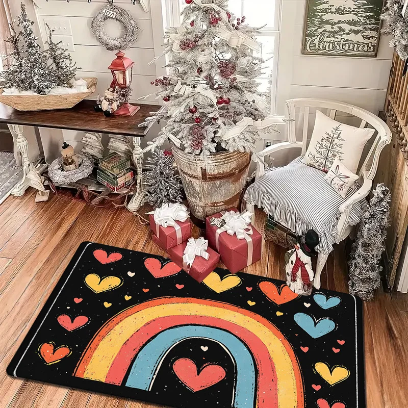 ممسحة سميكة من الفلانيل لعيد الحب - تصميم قوس قزح وقلوب، حصيرة منطقة ماصة غير قابلة للانزلاق للمدخل والمطبخ، #3