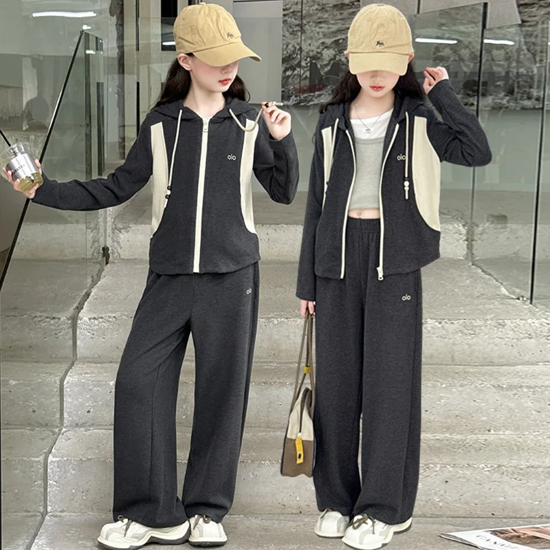 

Kids Girls Autumn Sport Sets Patchwork Zipper Hooded Coat+Elastic Waist Loose Pant Baby Girls Sets Children Girls Two-piece Sets