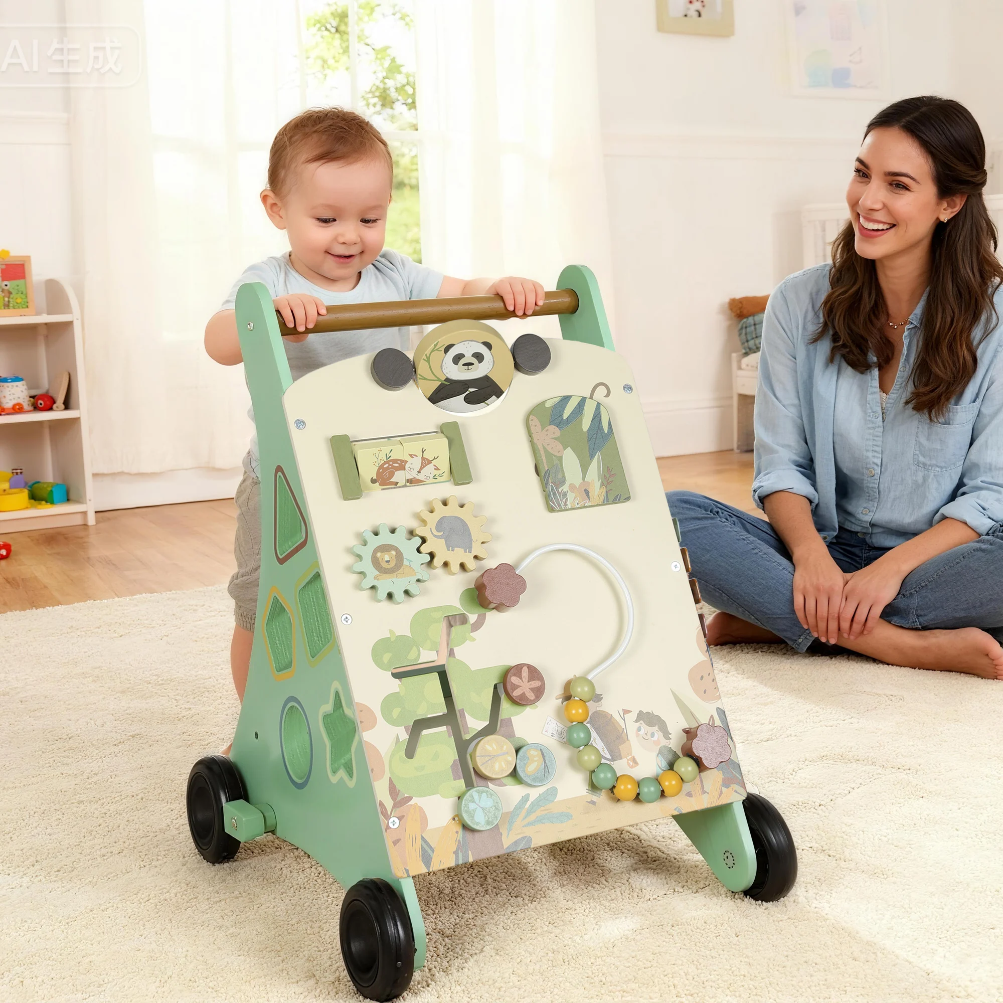 AIYAPLAY Andador Madera Bebé Control Velocidad Xilófono Engranajes Laberinto Cuentas Centro de Actividades Montessori Verde