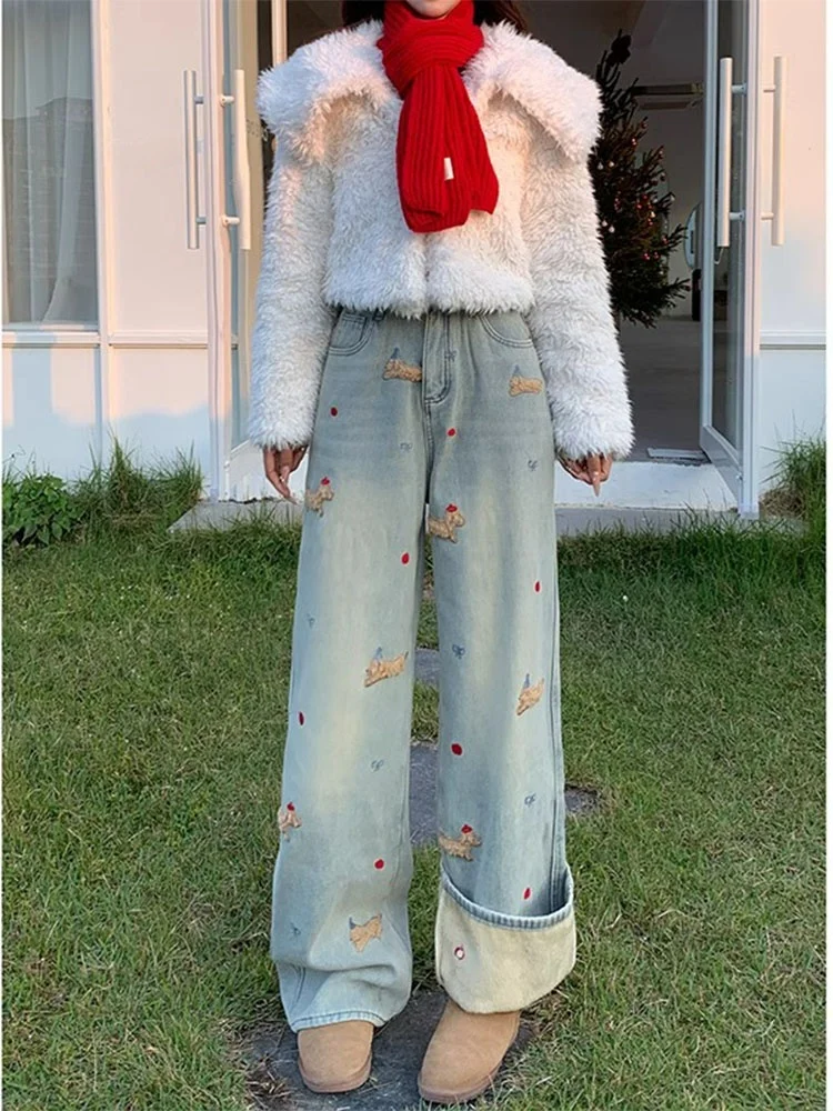 

Женские широкие джинсы больших размеров с высокой талией и вышивкой, повседневные брюки Bootcut на осень и зиму