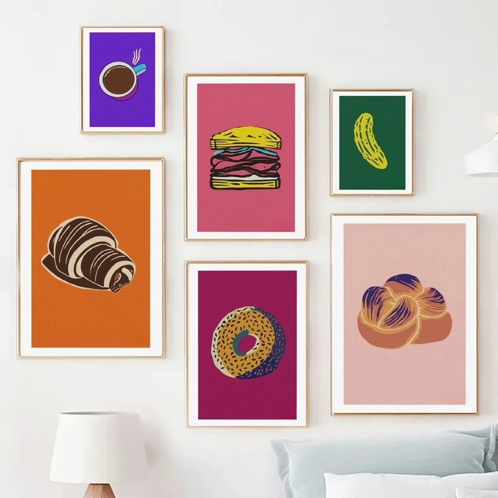 Póster de comida y bebida abstracto nórdico con diamantes sin marco, fondo de color sólido, café, hamburguesa, pan, pepino, impresión de diamantes