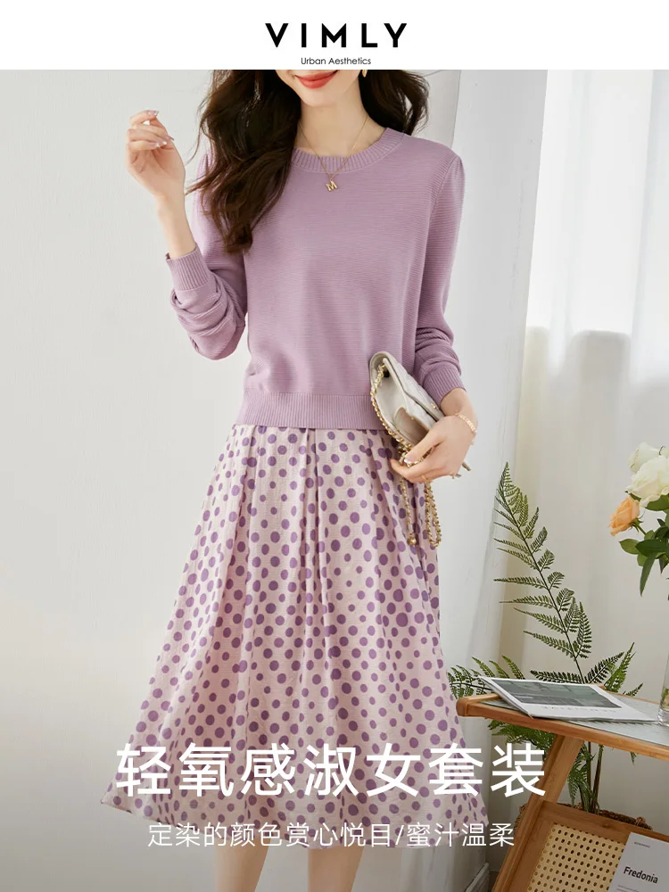 Vimly Koreanische Mode Outfit Zwei Stück Rock Sets für Frauen Frühling 2023 Neue Lila Stricken Pullover Polka Dot Röcke Kleidung v7759