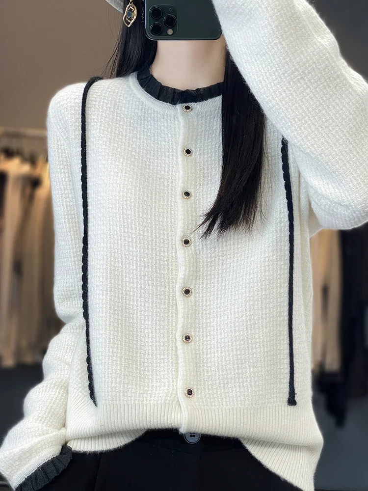 Spring And Autumn New 100% Pure Wool Cardigan Female O-Neck Lace  Versatile Splicing Sweater Coat Loose Knit Undershirt Top