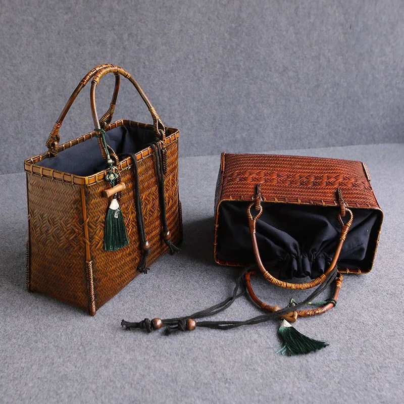 Retro Bamboo Woven Bag Luxury Designer Women's Handbags Tea Set Storage Handbag Summer Beach Straw Evening Bags Handmade Basket