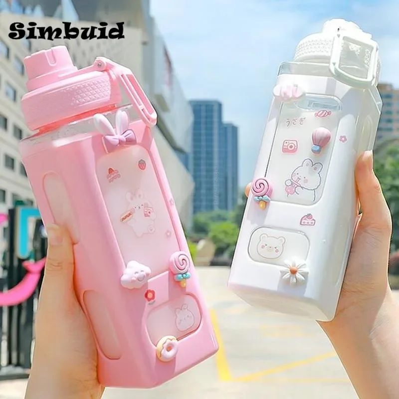 700ml Cute Water Bottle for Girls with Lid Straw Sticker Plastic Juice Milk Portable Kawaii Tumbler Children's Drinkware