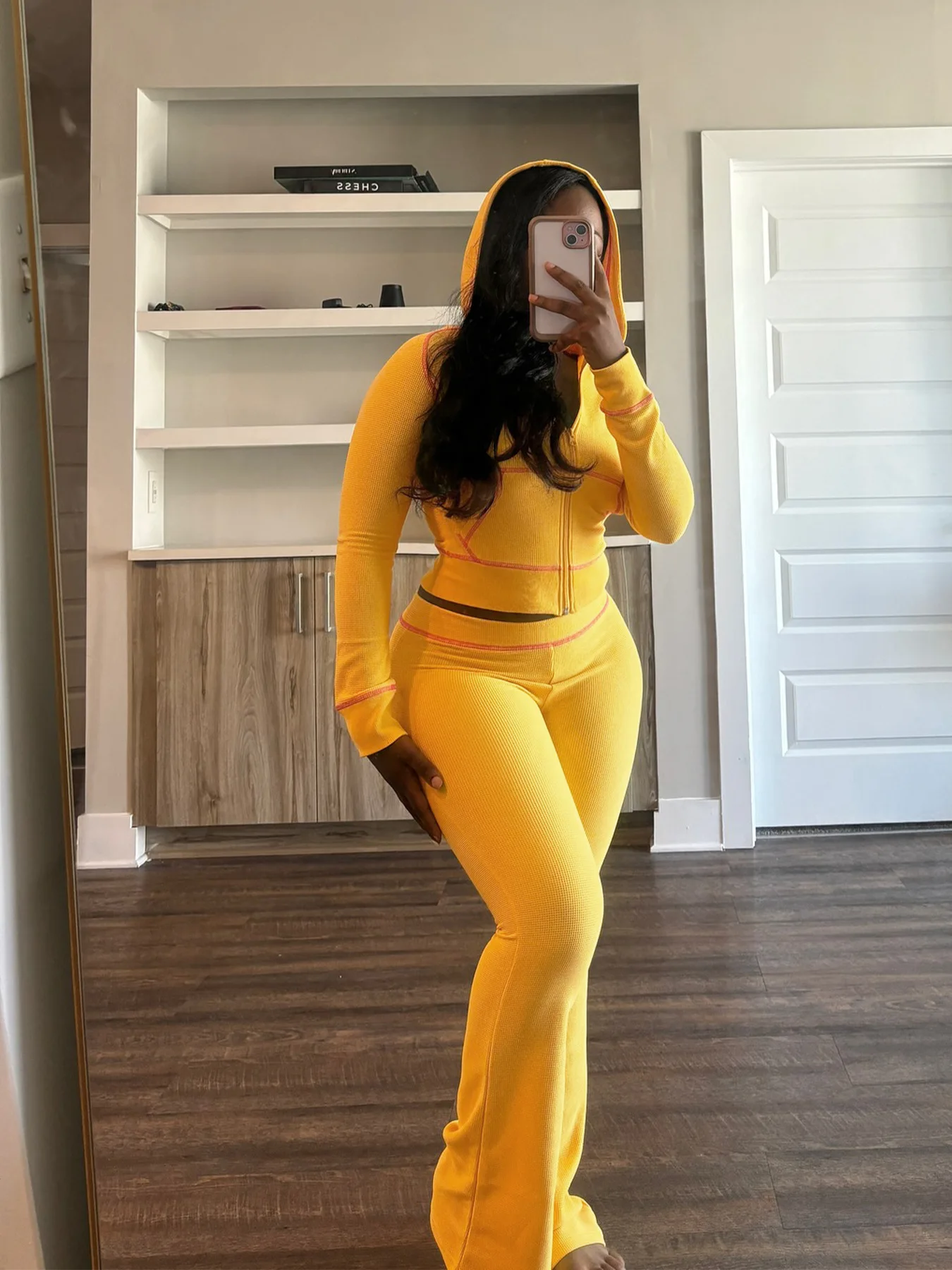 

Casual Sporty Fall 2 Pieces Pants Set for Woman Zip Long Sleeve Drawstring Hooded Crop Top and Flared Trousers Streetwear Outfit