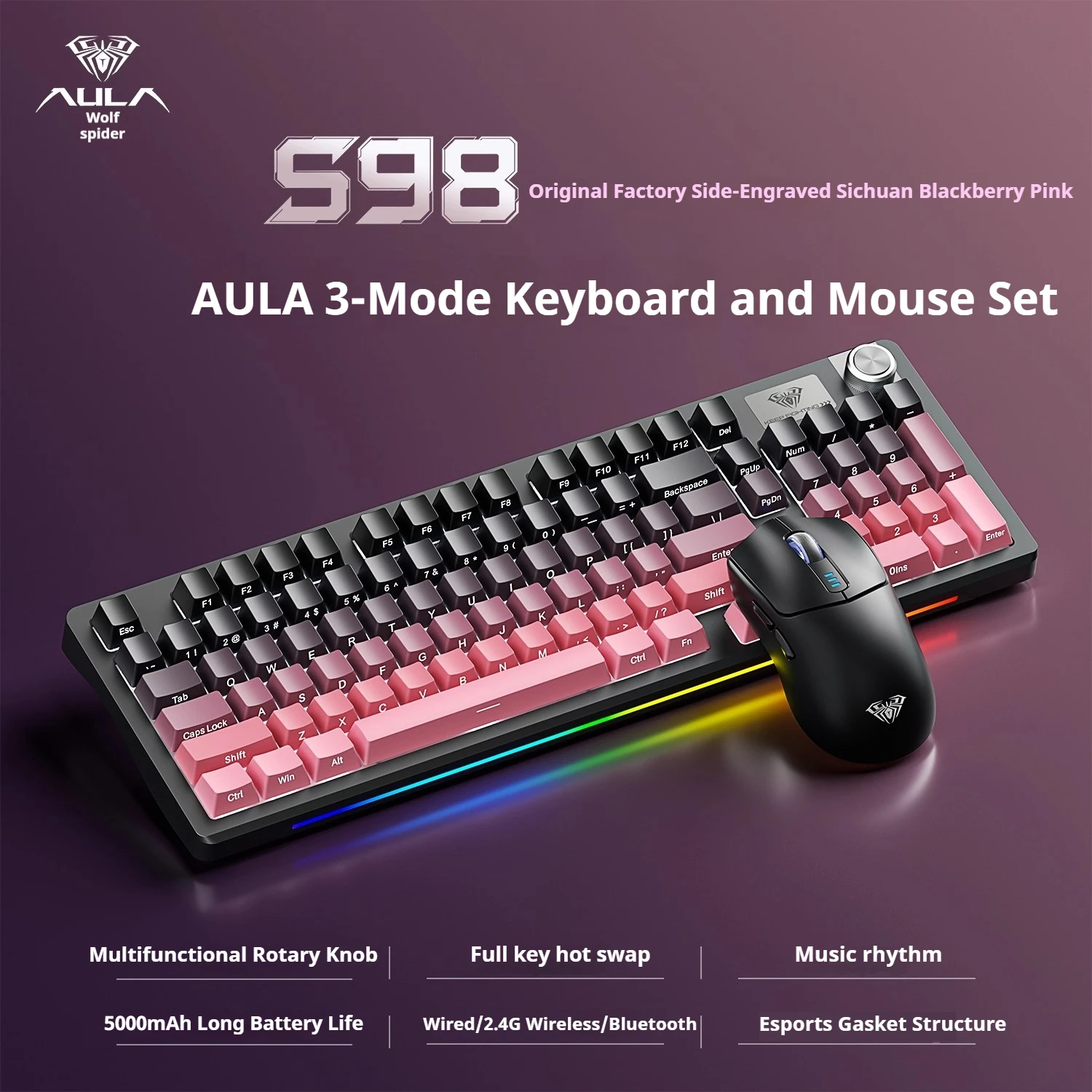 Aula S98 Black and Red Color Mechanical Keyboard Gasket Structure RGB Hot-swapping Three Mode E-sports Keyboard and Mouse Set