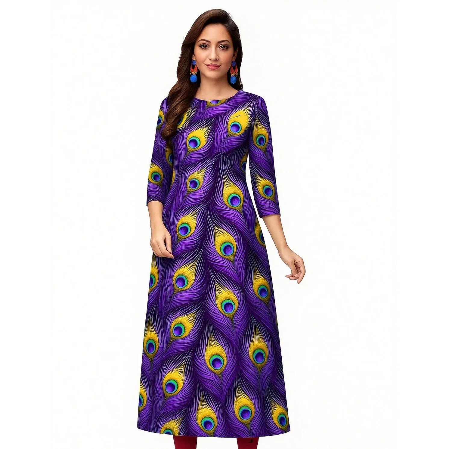 فستان Kurtta نسائي عصري مستقيم أنبوب غير رسمي بفتحة مشرقة وحاشية أنماط الطاووس رداء عربي تقليدي عربي مسلم #2