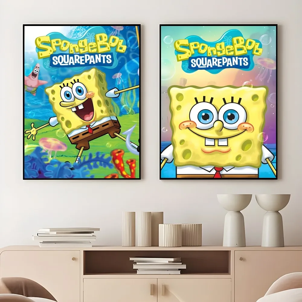 S-SpongeBobS Cute Anime Poster Sticky Wall Art Printing Waterproof Home Living Bed Room Bar Aesthetic Decor