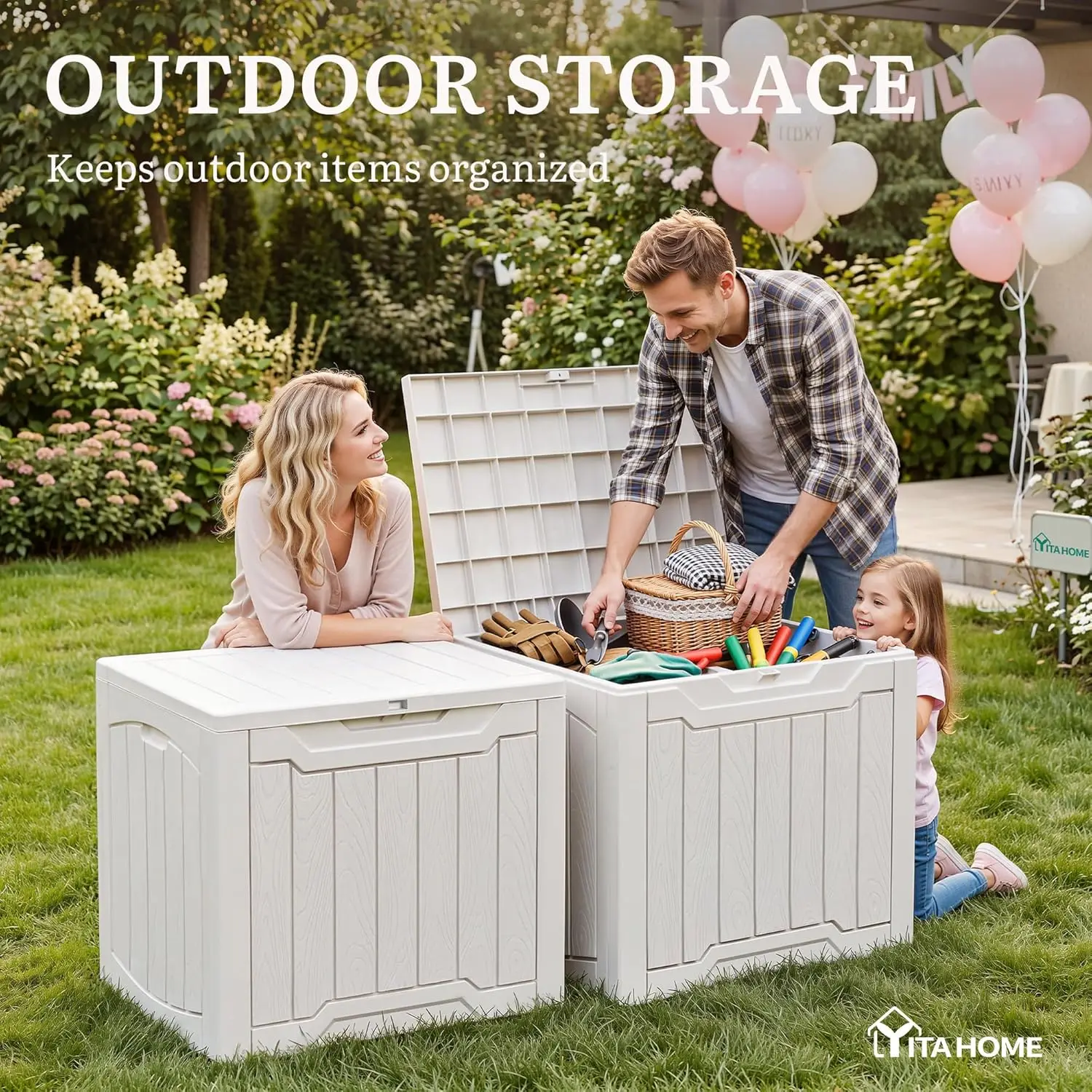 31 Gallon Deck Box Set of 2 Lockable Outdoor Storage Bins for Patio Cushions Garden Tools Resin view 4