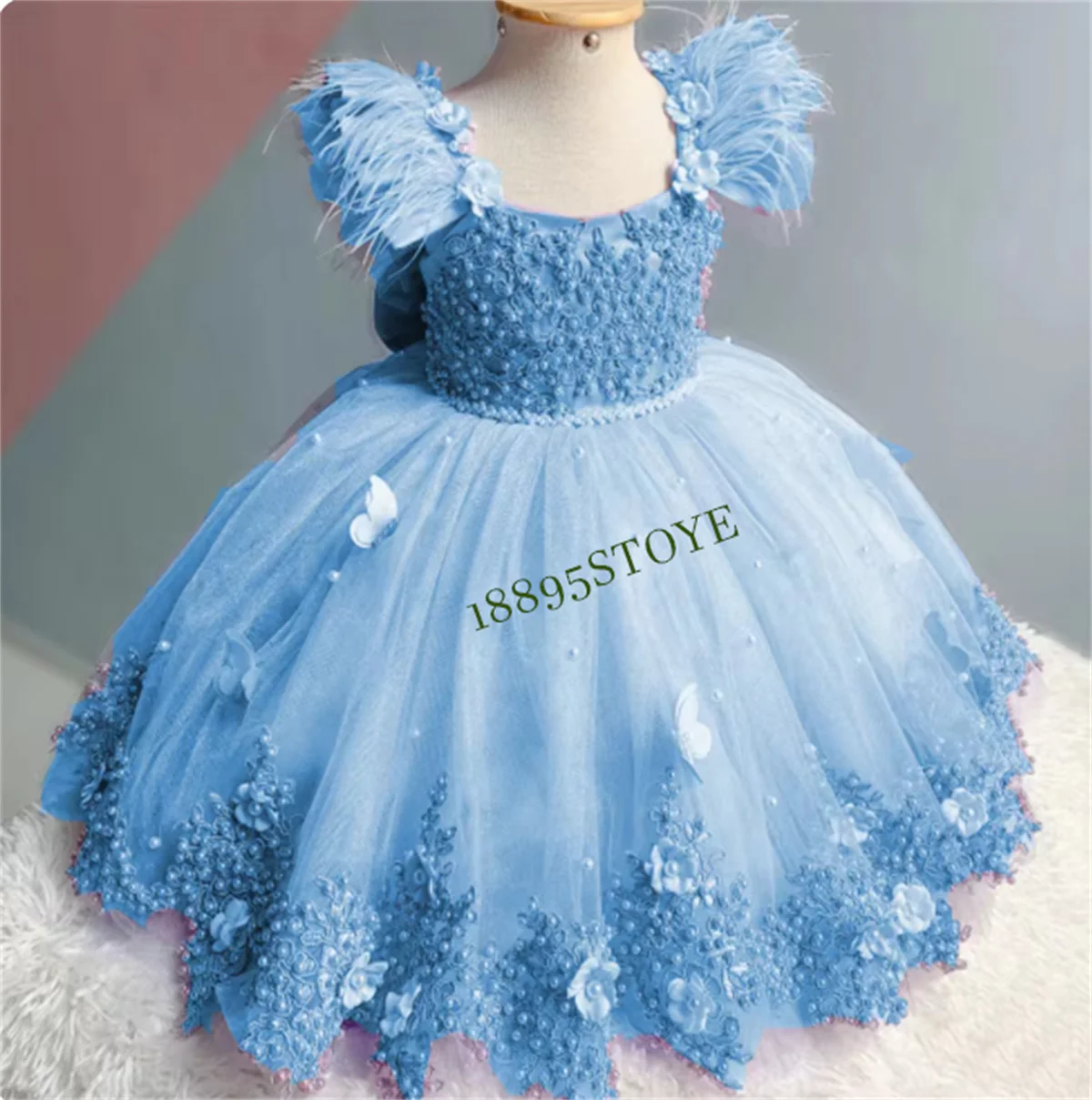 CustomizedElegant Applique Flower Girl Dress Wedding Butterfly Feather luxury With Pearls Bow Puffy Tulle First Communion Gown B