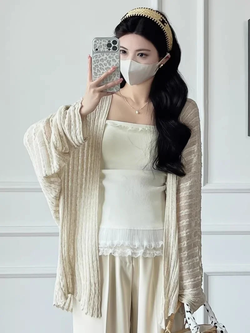 Women's Summer Hollow Out Knitted Cardigan – Loose Fit Slimming Lazy Style Jacket, Fashionable Versatile Beach Cover Up Top J41