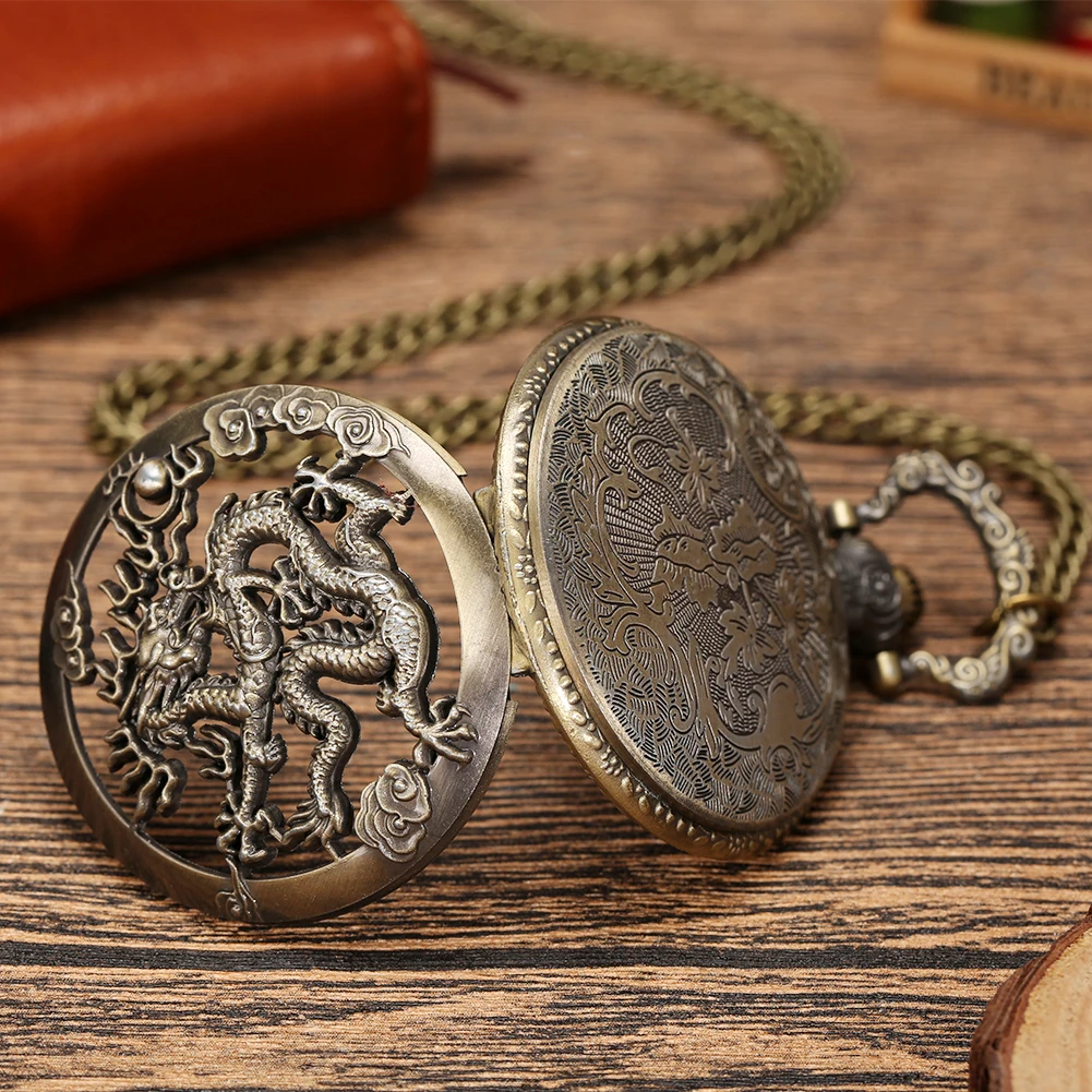 Chinese Legend Dragon Design Bronze Quartz Pocket Watch Men Women Exquisite Retro Necklace Pendant Pocket Clock Antique Gifts