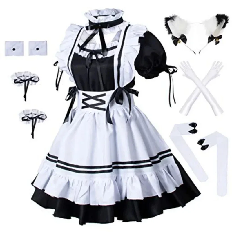 

Anime French Maid Apron Lolita Fancy Dress Cosplay Costume Furry Cat Ear Gloves Socks Set