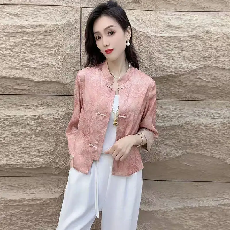 2026 Spring Autumn New Women Clothing Chinese Style Stand Up Collar Jacquard Tops with Stylish Versatile Style Nine Sleeve Coat